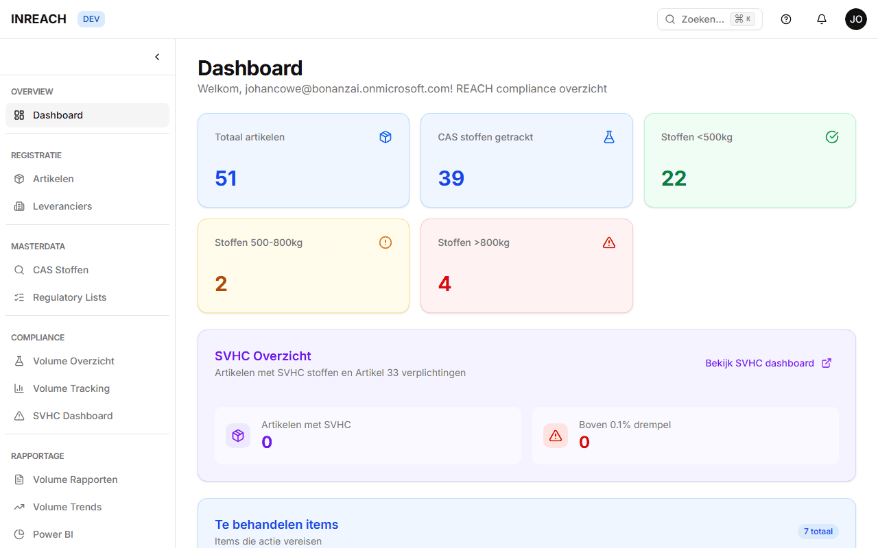 Tableau de bord INREACH avec apercu de la conformite